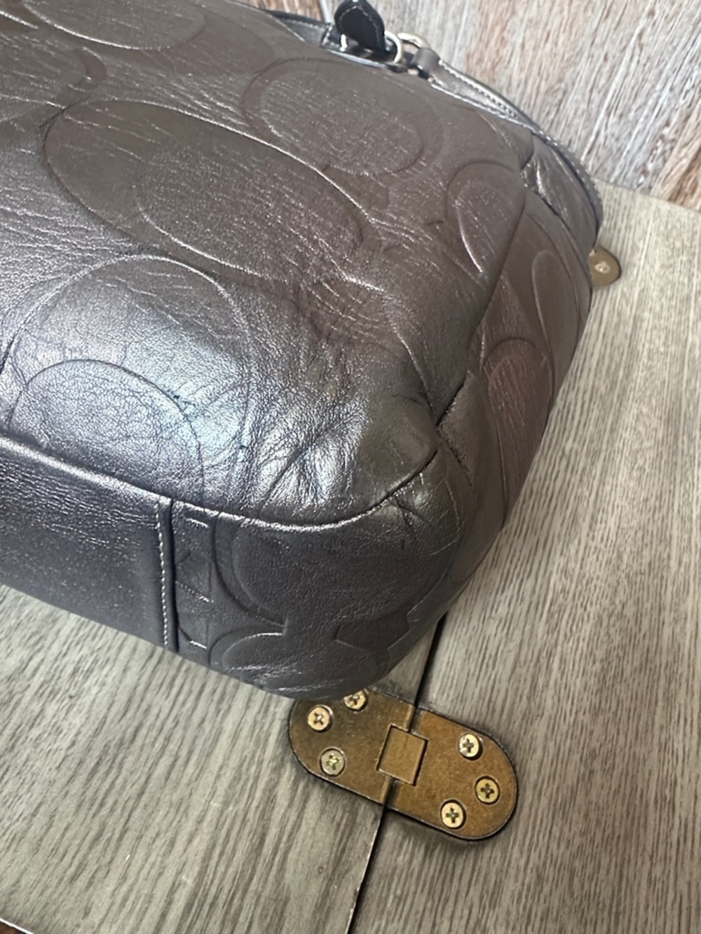 Coach F1049-F15242 Metallic Gray Gunmetal Embossed Leather Satchel Tote Bag - Picture 9 of 16